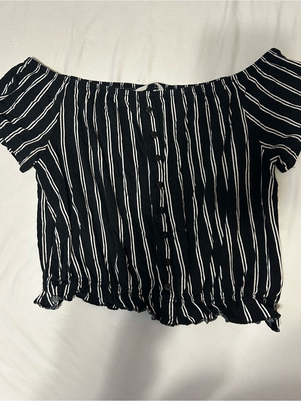 H&M Black and White Striped Off-Shoulder Button Front Blouse